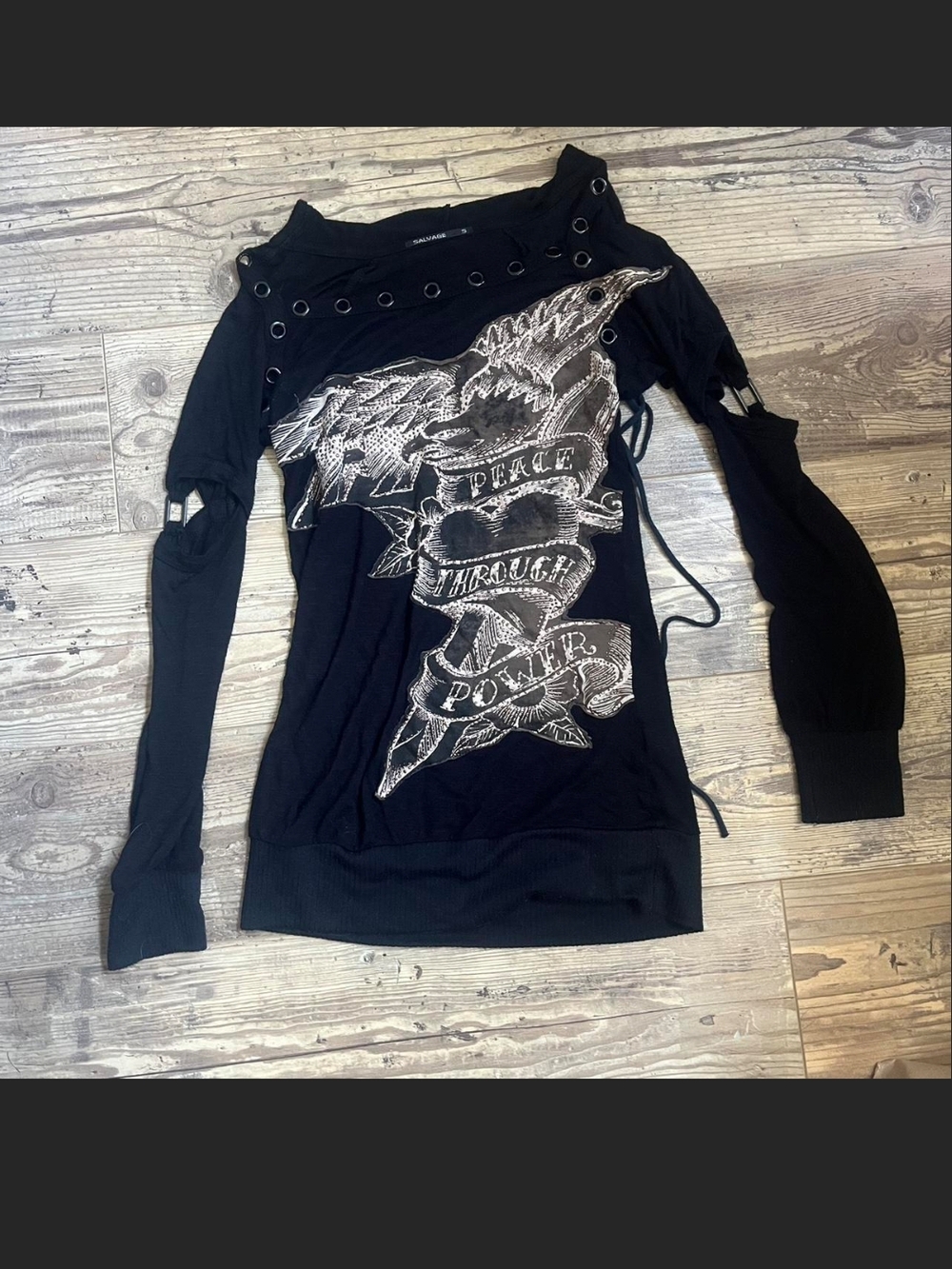 SALVAGE Y2K Black Graphic Eyelet Long Sleeve Mini Dress with Silver Print. S